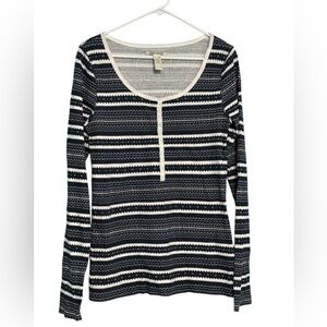 Lucky Brand Waffle Knit Henley Style Long Sleeve Shirt Striped Womens Size Large